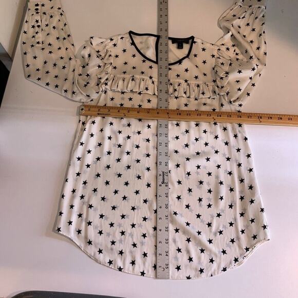 J Crew Blouse Womens 0 White Black Silk Blend Ruffle Star Print Keyhole Back Top - Picture 6 of 14